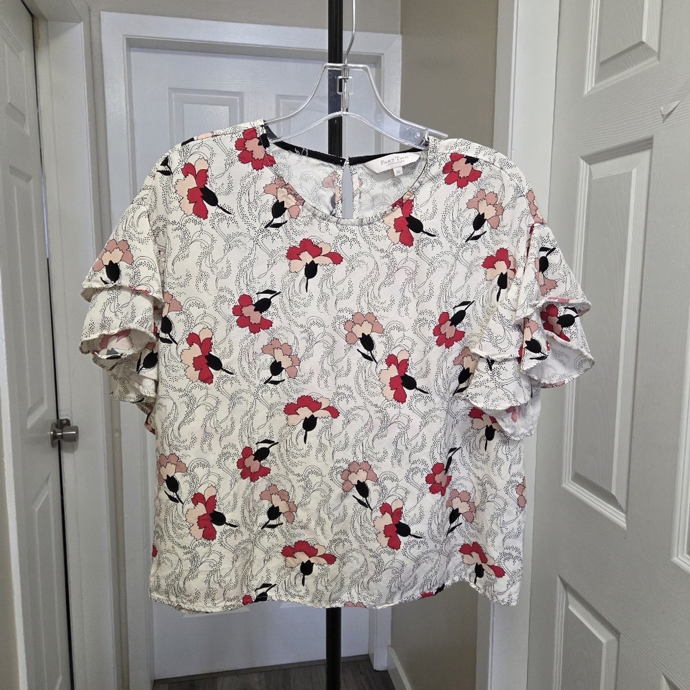 Part Two 100% Viscose Floral Ruffle Sleeve Blouse | Lightweight Cream Print Top